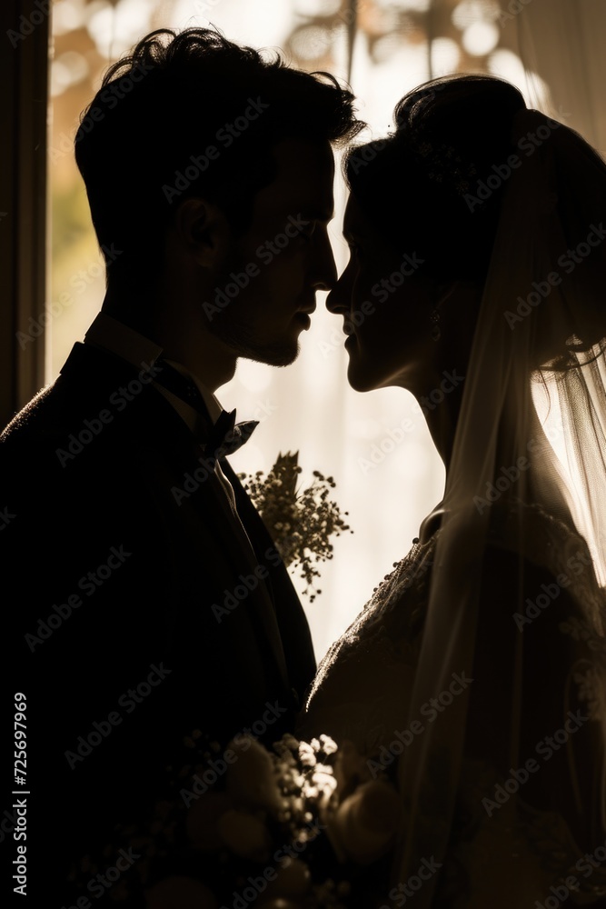 A romantic moment captured as a bride and groom share a kiss in front of a window. Perfect for wedding invitations and romantic-themed designs