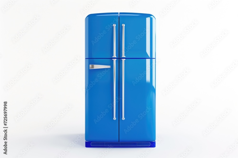 A blue refrigerator standing against a white background. Ideal for showcasing modern kitchen appliances A blue refrigerator standing against a white background. Ideal for showcasing modern kitchen appliances