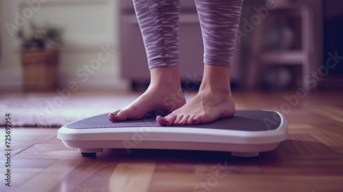 A person standing on a scale on a wooden floor. Can be used to depict weight management, health and fitness, or body image concepts