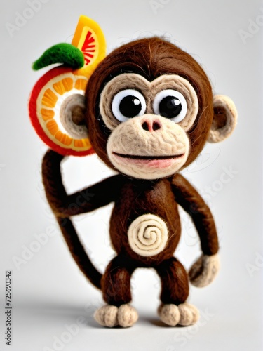 Photo Of A Needle-Felted Cartoon Monkey Fruit Character Isolated On A White Background