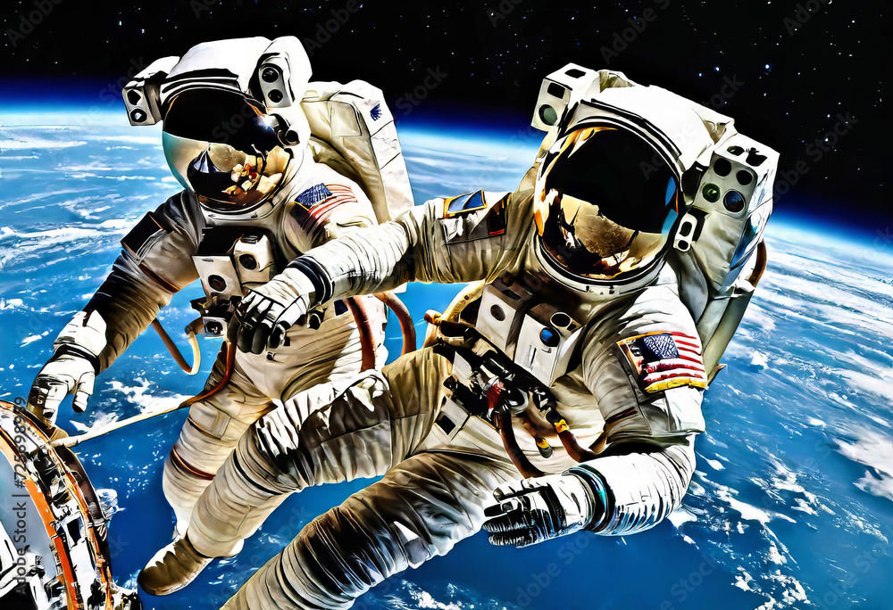 Fototapeta premium astronauts performing spacewalk in deep space, repair work on station in space, work in space, advanced technologies,