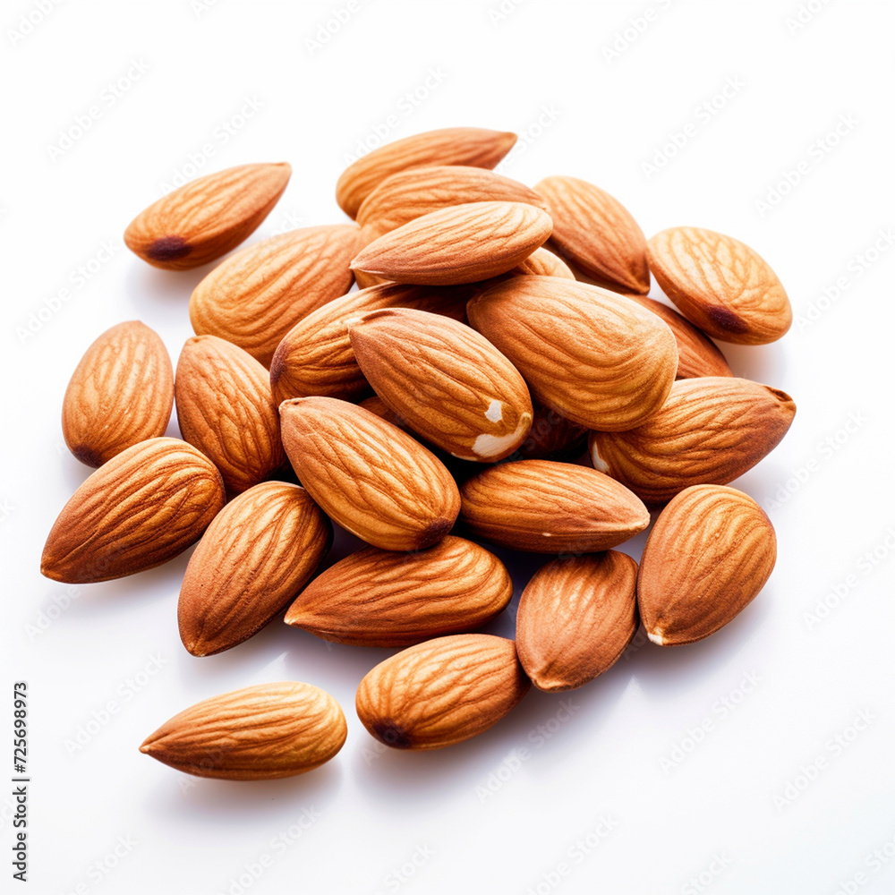 Almonds on isolated white background - ai generative Almonds on isolated white background - ai generative