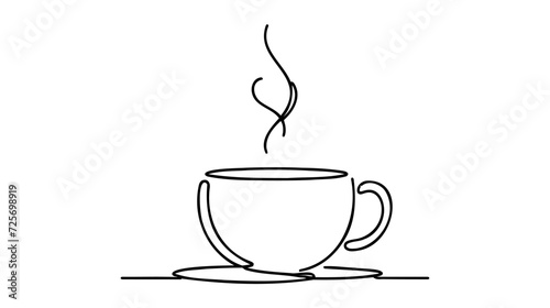 Drawing a continuous line. Cup of coffee with steam on white background
