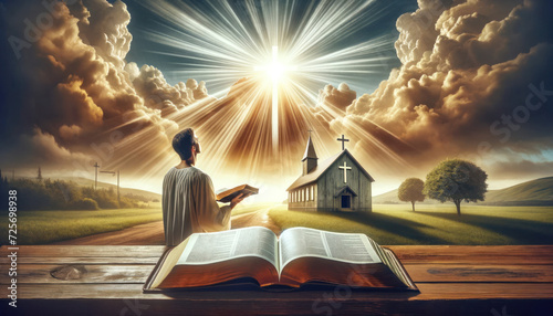 The conversion to Christianity. It features a peaceful scene with a person holding an open Bible, their expression one of revelation and peace photo