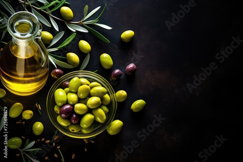 Fresh bio olive oil in glass bottle with ripe olives, healthy food farm concept. Generative Ai.