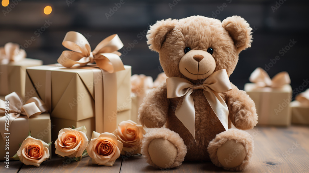 Teddy bear with gold ribbons and roses. Teddy bear and gift boxes Teddy bear with gold ribbons and roses. Teddy bear and gift boxes