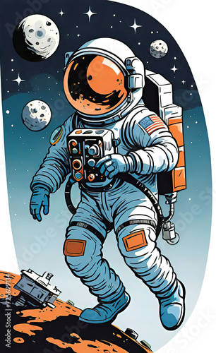 Cheerful astronaut working in space, spacewalk in deep space, repair work on space station, vector illustration, sketch banner for advertising, background for smartphone or shorts,