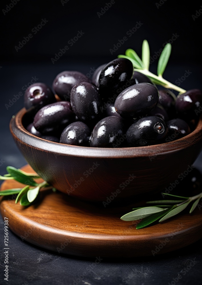 Many fresh and ripe black olives in wooden bowl, healthy food concept. Generative Ai. Many fresh and ripe black olives in wooden bowl, healthy food concept. Generative Ai.