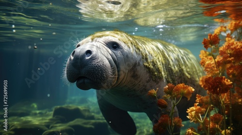 Manatee Grazing in Seagrass A Serene Underwater Scene Capturing Marine Life and Eco-friendly Aspects on World Seagrass Day, Sea Cow in its Aquatic, Manatee and Seagrass Showcasing Biodiversity