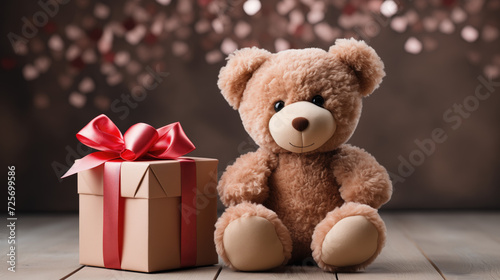 Teddy bear with a gift on a background of holiday decor. Teddy bear with a red ribbon and a gift box. © Aleksandra Ermilova