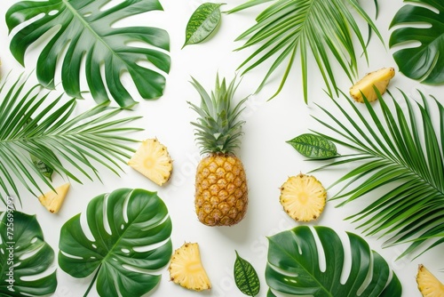 ananas ripe with tropical leaves flatlay isolated on white background photo