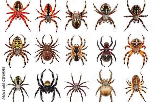 A collection of different spider species displayed on a clean white background. Perfect for educational purposes or scientific presentations © Fotograf