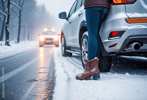 Car accident in winter, Woman waiting for help on the road after an accident on a snowy slippery road, following traffic rules,