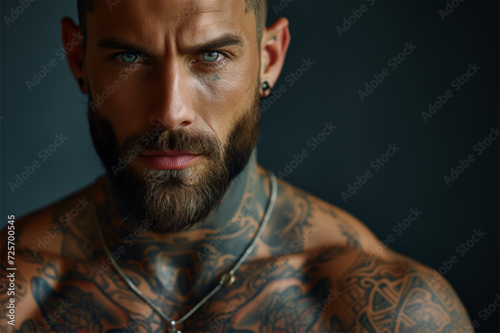 Fototapeta premium Explore strength and charisma in a close-up of a muscular man's chest, adorned with impactful tattoos—a powerful portrayal of body art and confidence.