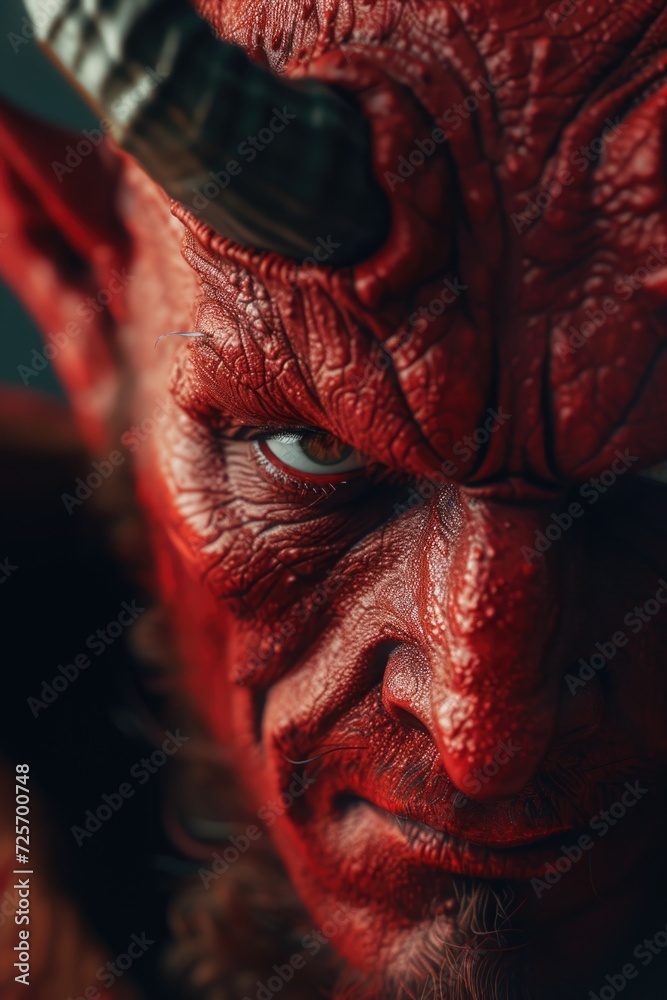 A close-up view of a person with a devil face. This image can be used to create a spooky and eerie atmosphere A close-up view of a person with a devil face. This image can be used to create a spooky and eerie atmosphere