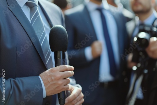 A man dressed in a suit confidently holds a microphone. Perfect for presentations, conferences, or public speaking events