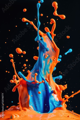 A vibrant splash of orange and blue paint on a black surface. Perfect for artistic projects and creative designs