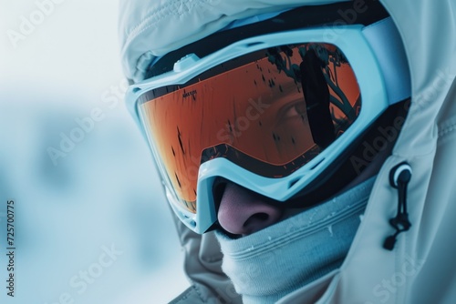 A person wearing a white jacket and goggles. Perfect for outdoor activities and protective gear