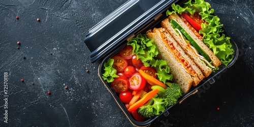 A lunch box filled with a sandwich and a variety of vegetables. Perfect for a healthy meal on the go © Fotograf