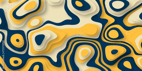 Paper cut topography relief imitation, yellow and dark blue colors multi layers banner. Abstract water flowing liquid texture art design, origami paper cut layer smooth shape vector illustration