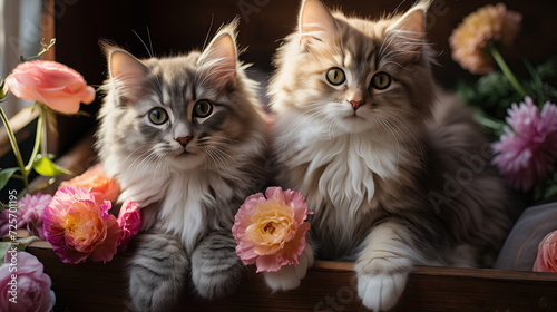 Two cats on a background of flowers © Aleksandra Ermilova