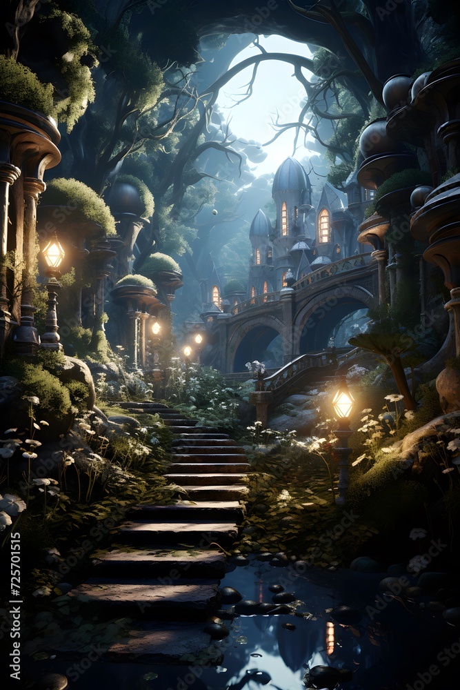 Fantasy fantasy garden with stairs, trees and plants. 3d rendering