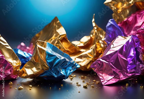 Abstract background made of crumpled foil, Reflection of multicolors with mirror shine and refractions, photo