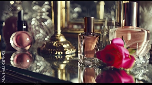 Perfume bottles on the mirror with rose in the background