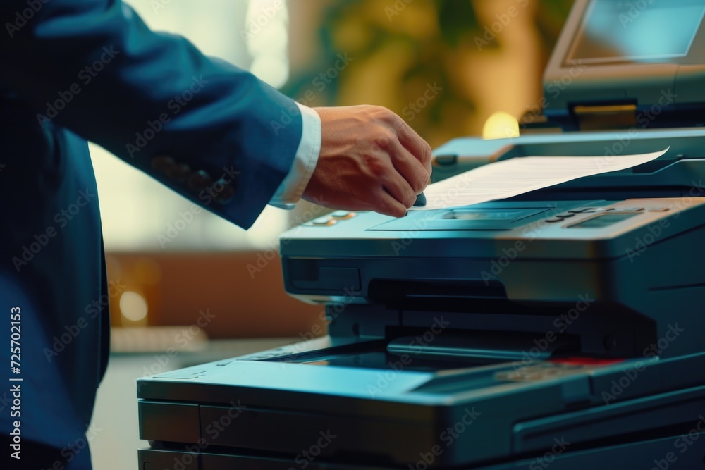 A man in a suit is putting a piece of paper into a printer. This image can be used to illustrate office work or technology-related concepts A man in a suit is putting a piece of paper into a printer. This image can be used to illustrate office work or technology-related concepts