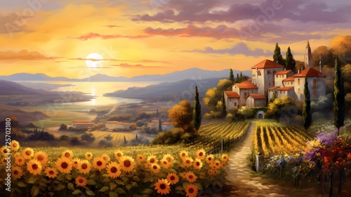 Landscape with sunflowers and village in Tuscany, Italy