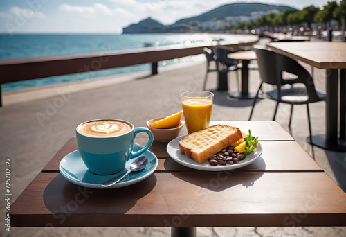 Outdoor cafe on the street, coffee with food on the table for lunch on the sea promenade, breakfast with coffee in a cafe, photo