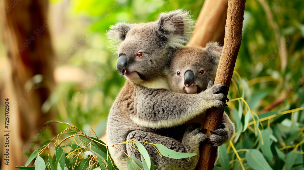 Fototapeta premium Two koalas communicate with each other on bamboo