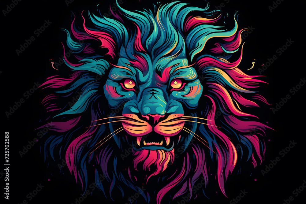 Colorful Neon Illustration of a Lion Head.