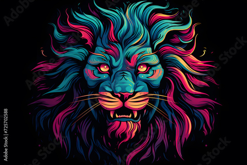 Colorful Neon Illustration of a Lion Head.