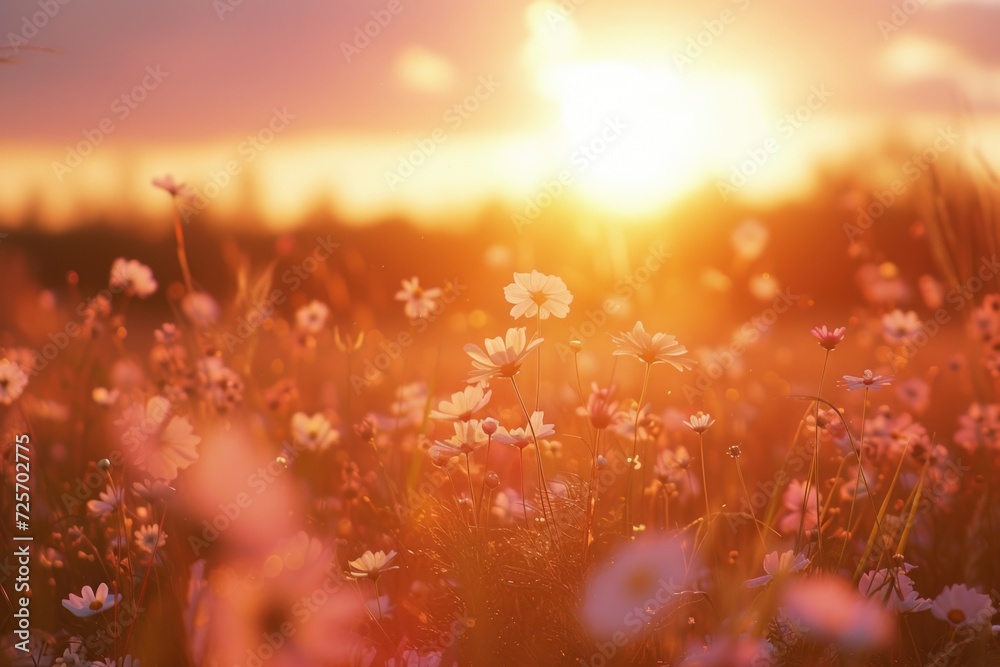 A beautiful sunset over a field of vibrant flowers. Perfect for nature lovers and those seeking a peaceful, scenic backdrop