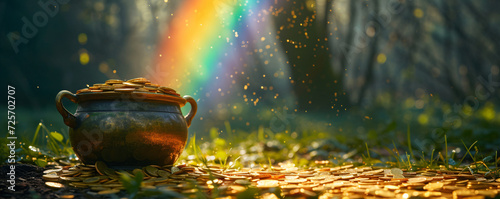 Gold pot full of coins and rainbow on dark magic forest. Fantasy fairy tail background. St. Patrick's day holiday symbol. Template for design card, invitation, banner photo