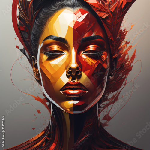 abstraktes rot oranges Gesicht einer Frau mit geschlossenen Augen photo
