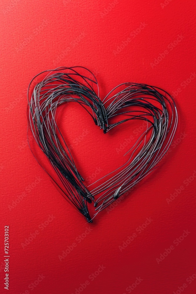 A heart made out of wires on a vibrant red background. This image can be used to symbolize love, connections, technology, or creativity A heart made out of wires on a vibrant red background. This image can be used to symbolize love, connections, technology, or creativity