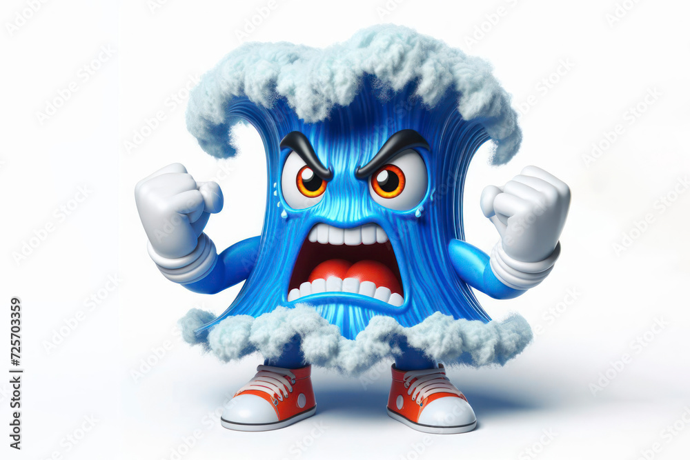 Fototapeta premium Angry tsunami 3d character isolated on solid white background. ai generative
