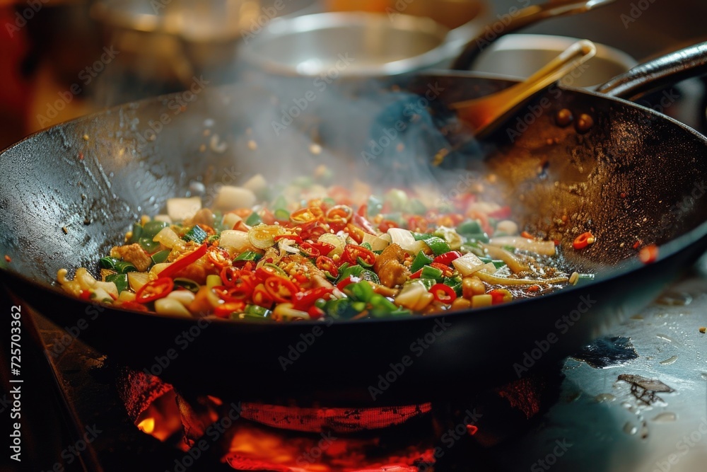 A wok filled with a variety of delicious food, simmering on top of a stove. Perfect for cooking and culinary concepts