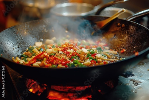 A wok filled with a variety of delicious food, simmering on top of a stove. Perfect for cooking and culinary concepts