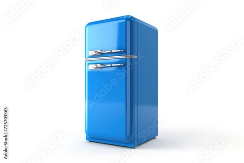 A blue refrigerator sitting on top of a white floor. Perfect for showcasing modern kitchen appliances.