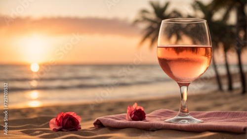 Rose wine glass on a beach towel, with a blurred background of a palm trees on beach scene, copy space