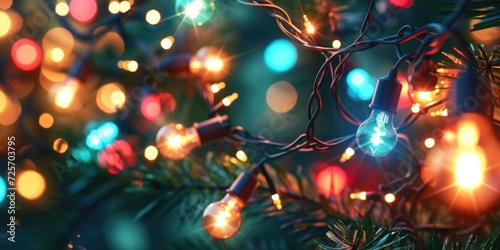 A close-up view of a bunch of lights on a tree. This image can be used to add a festive touch to holiday-themed designs
