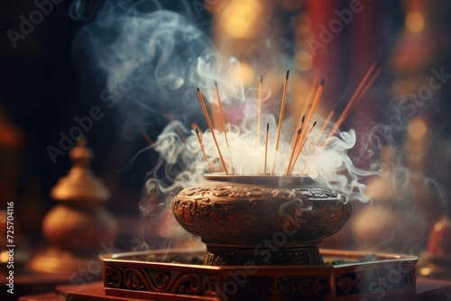 Incense sticks burning in a metal bowl, emitting fragrant smoke. Suitable for aromatherapy, relaxation, or spiritual practices