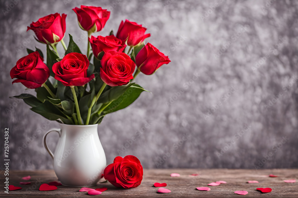 bouquet of red roses in a vase, valentine's day flowers with copyspace ...