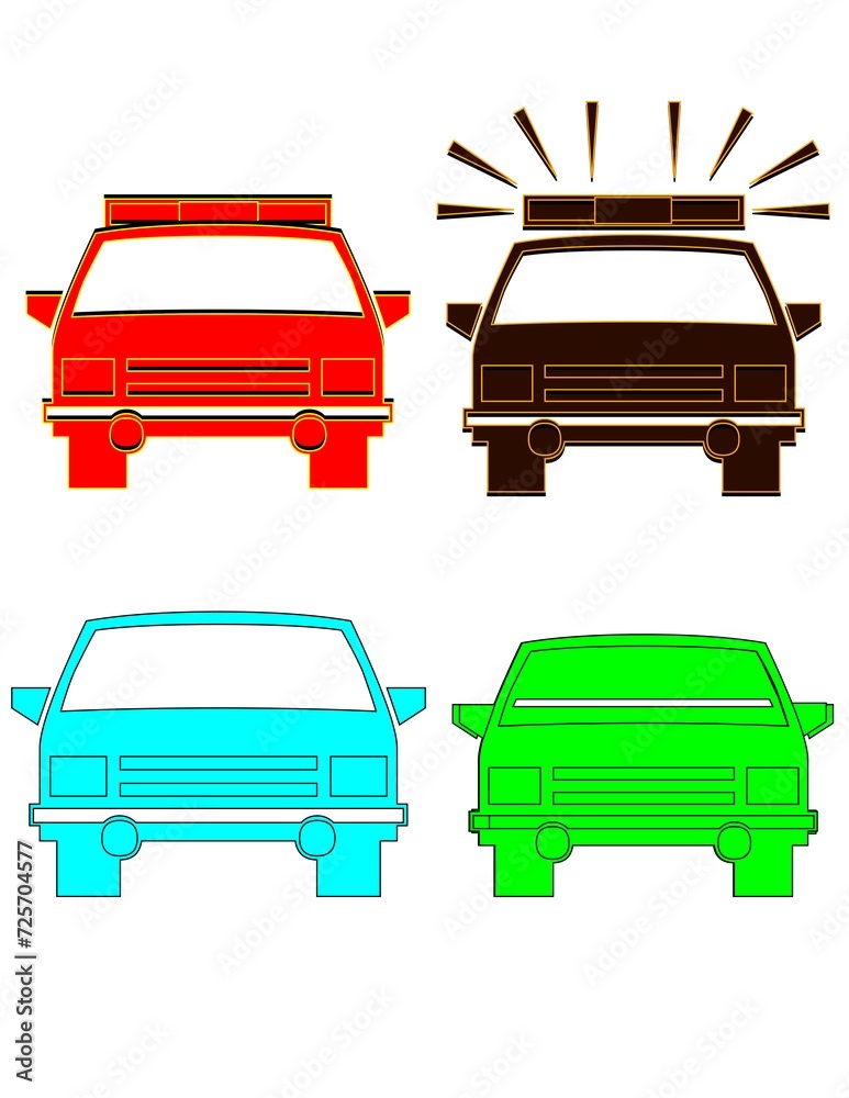Set of front view transportation vector icons. Collection of police car, ambulance car, private car, metro, taxi car, Set of front view transportation vector icons. Collection of police car, ambulance car, private car, metro, taxi car,