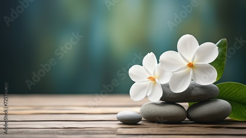 Balance stone spa massage with white Frangipani or plumeria flowers on wooden floor. Women s body care and beauty clinic.