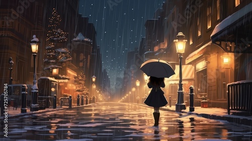 Little sweet girl carrying umbrella in the middle of evening city street in dramatic snow season, cartoon illustration.   © Muamanah