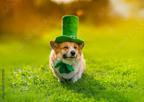 portrait funny Corgi dog puppy in a green leprechaun hat and bow tie in honor of St. Patrick sits on the grass